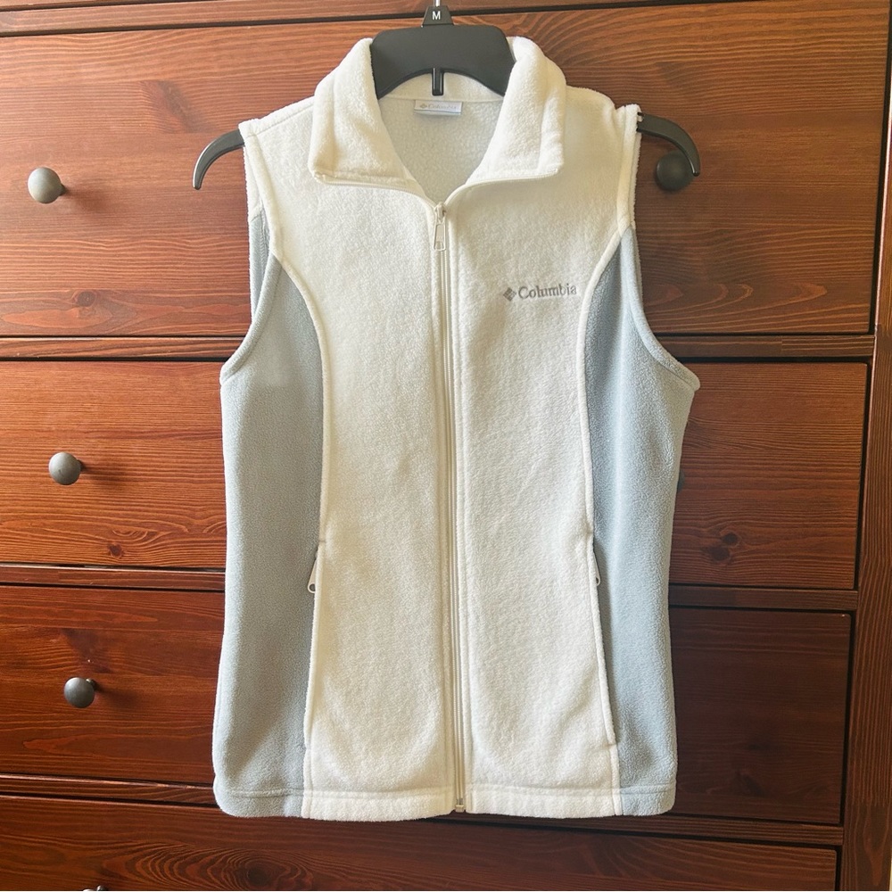 Columbia Fleece Vest Cream Gray Full Zip Outdoor Hiking Small